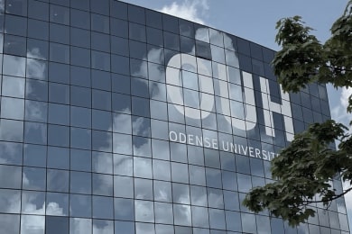 Odense University Hospital building with logo